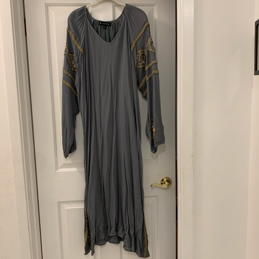 Anthropologie Gray and Gold Midi Dress